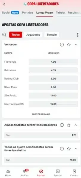 Captura de tela da p&aacute;gina de apostas de longo prazo na Libertadores pela Superbet