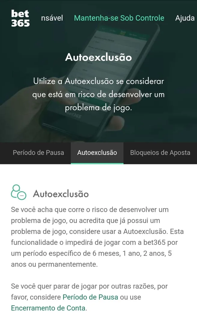 Captura de tela da p&aacute;gina de autoexclus&atilde;o na Bet365
