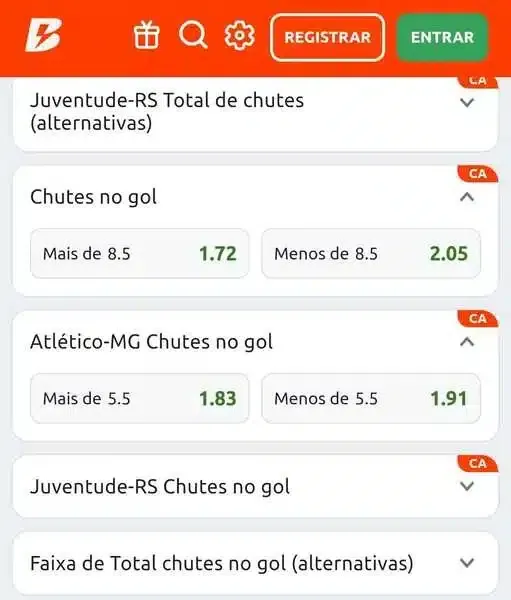 Captura de tela com os mercados de chutes a gol por equipe na Betano