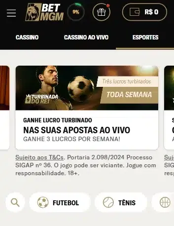 Captura de tela da se&ccedil;&atilde;o de esportes e ofertas da BetMGM