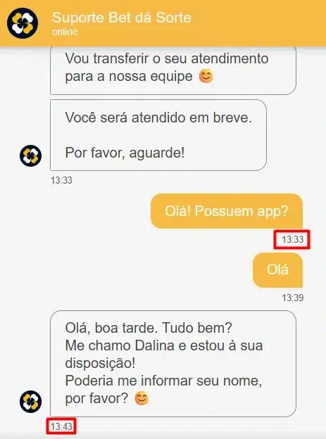 Captura de tela de um atendimento via chat ao vivo na Bet d&aacute; Sorte