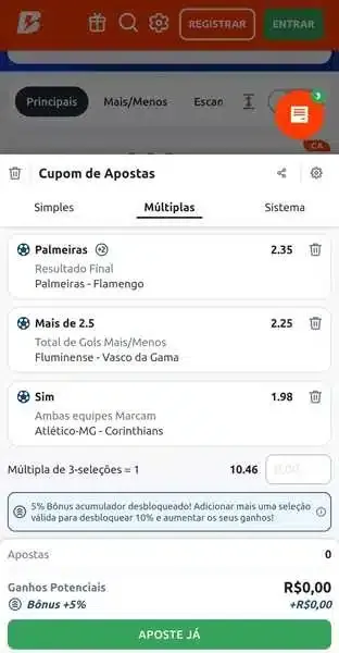Captura de tela da aposta m&uacute;ltipla na Betano com ganhos potenciais de 5%