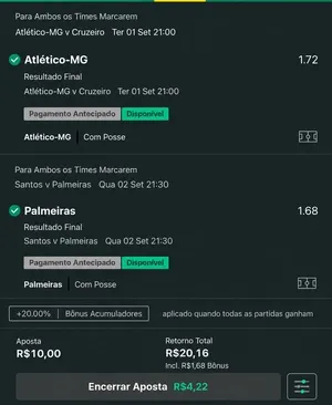 Aposta dupla feita na bet365 com cash out dispon&iacute;vel
