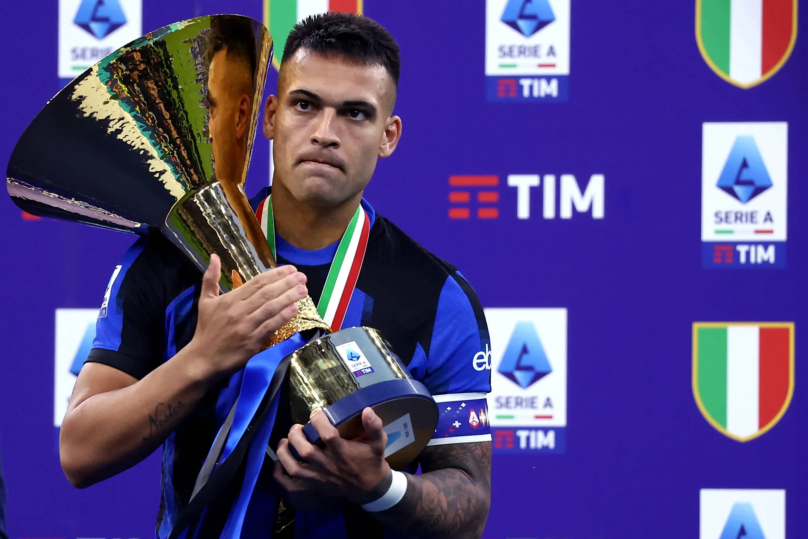 Fc Internazionale vs Ss Lazio Lautaro Martinez of Fc Internazionale celebrates with the trophy the victory of the Italia