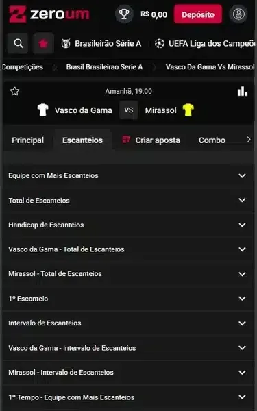 Captura de tela da p&aacute;gina de apostas em escanteios na Zeroum Bet