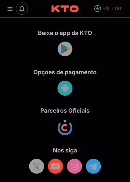 Captura de tela com os canais de suporte da KTO Brasil