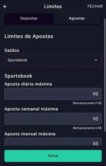 Captura de tela do recurso de limites de apostas da H2Bet