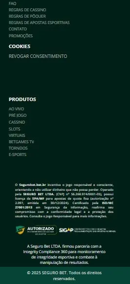 Captura de tela do rodap&eacute; da Segurobet com todas as informa&ccedil;&otilde;es sobre licen&ccedil;a e pol&iacute;ticas de privacidade.