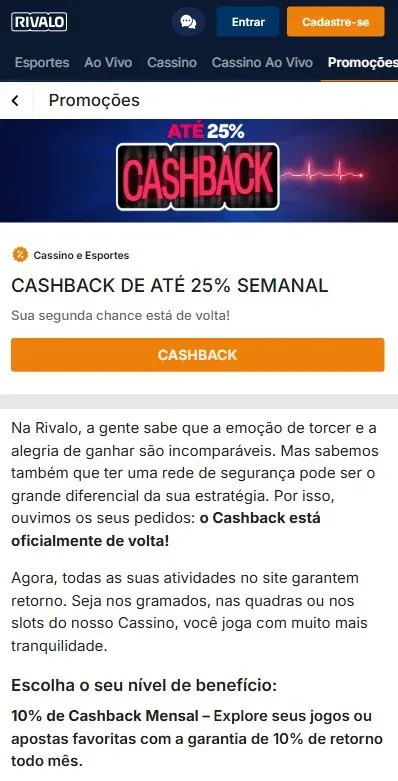 Captura de tela da promo&ccedil;&atilde;o de cashback do Clube VIP Rivalo