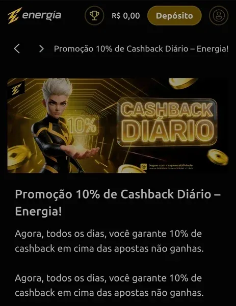 P&aacute;gina inicial da promo&ccedil;&atilde;o de cashback di&aacute;rio em slots da Energiabet