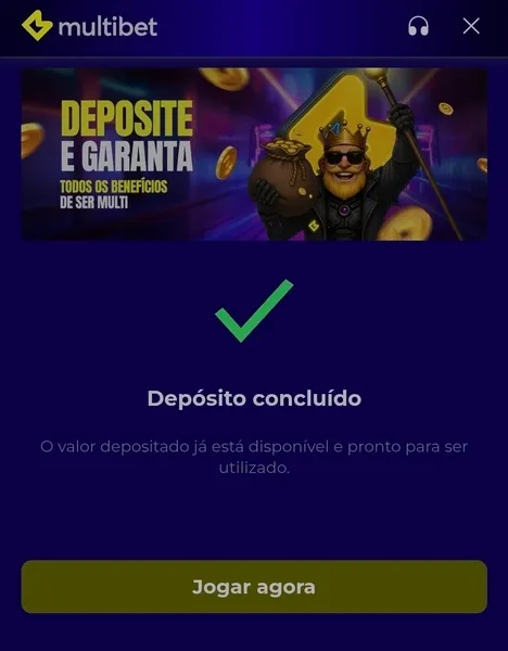 Conclus&atilde;o de dep&oacute;sito da Multibet com o app Android

