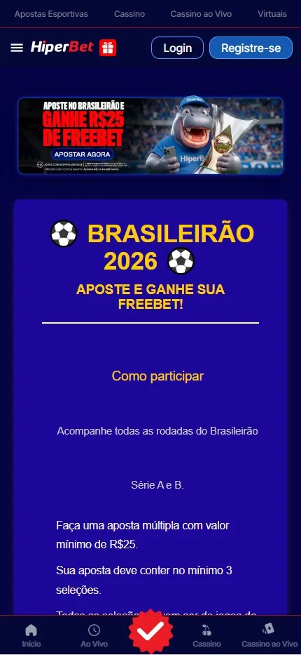 Promo&ccedil;&atilde;o na Hiperbet para o Brasileir&atilde;o 2026 com freebets no valor de R$25