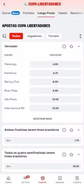 Captura de tela da p&aacute;gina de apostas de longo prazo na Libertadores pela Superbet