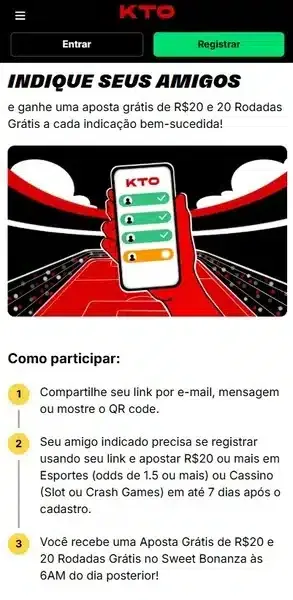 Captura de tela com o b&ocirc;nus por indica&ccedil;&atilde;o da KTO