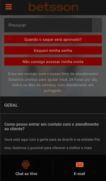 Central de Ajuda da Betsson com respostas sobre b&ocirc;nus, dep&oacute;sitos e recursos