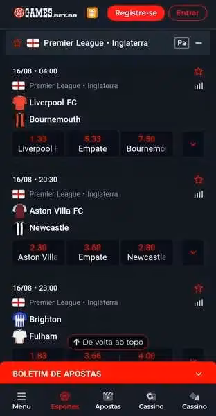 Captura de tela dos jogos da Premier League na MC Games